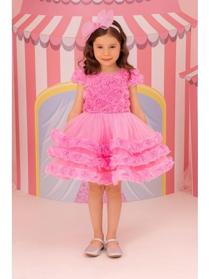 Pamina Kız Bebek 6 Ay- 24 Ay Üç Boyutlu Çiçek Kaplamalı Prenses Elbise Pembe