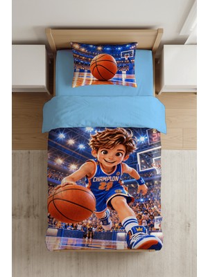 Luvis Store Şampiyon Basketbolcu Erkek Çocuk Desenli Basketbol Temalı Tek Kişilik Çocuk Nevresim Takımı - Çarşaflı