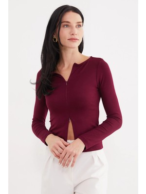 FullaModa Çift Fermuarlı Bisiklet Yaka Slim Fit Bluz