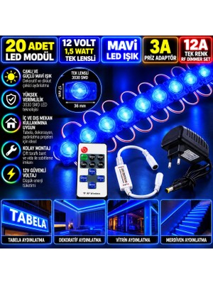 Powerr Led Aydınlatma 20 Adet 12V 1,5W Tek Lensli 3030 Mavi LED Modül 3A Priz Adaptör 12A Tek Renk Rf Dimmer Set