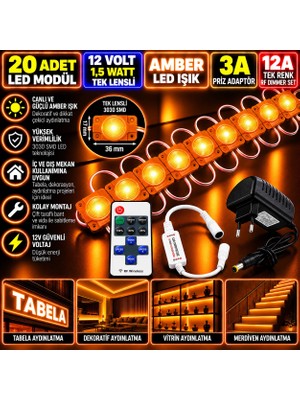 Powerr Led Aydınlatma 20 Adet 12V 1,5W Tek Lensli 3030 Amber LED Modül 3A Priz Adaptör 12A Tek Renk Rf Dimmer Set