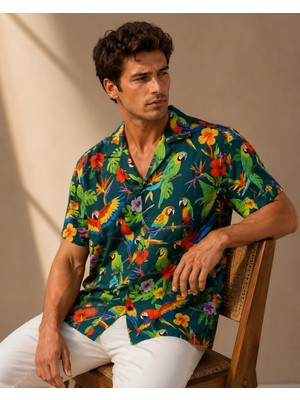 Can Moda Canmoda Erkek Petrol Yeşili Papağan ve Tropikal Çiçek Desenli Relax Fit Yazlık Gömlek