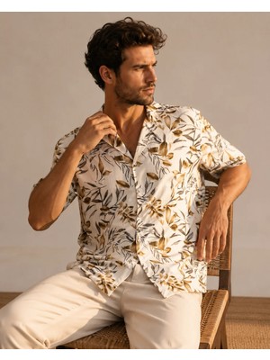Can Moda Canmoda Safari Yaprak Desenli Kısa Kollu Bej Gömlek