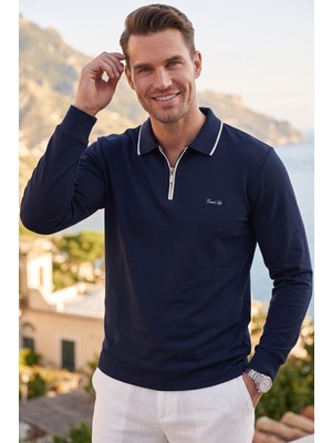 Deepsea Erkek Slim Fit Tüylenmeyen Fermuarlı Polo Yaka Lacivert Sweatshirt – Yumuşak Dokulu Sweat 2708517