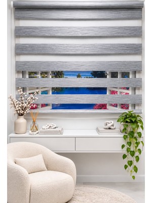 İREMKARAHOME Çift Mekanizmalı Zebra Stor Perde Bambu Gri-Beyaz