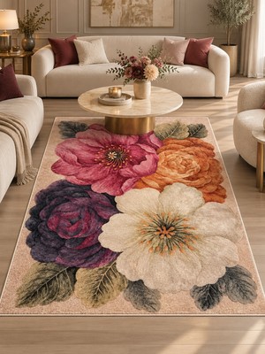 Brillant Çicek Desen Lateks Taban Salon Antre Halı