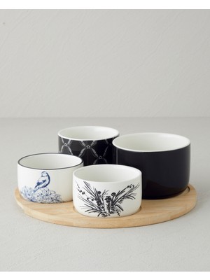 English Home Floral Grace Stoneware 5 Parça Sunumluk 25 cm Siyah - Beyaz