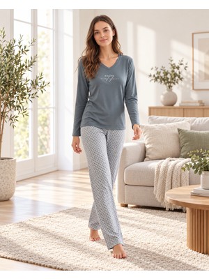 Flz Kadın Viskon Pijama Takımı Uzun Kollu V Yaka Desenli Pantolon Modern Homewear Ev Giyim 89-166