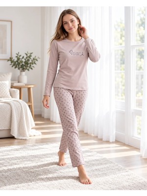 Kadın Viskon Pijama Takımı Uzun Kollu Bisiklet Yaka Desenli Pantolon Modern Homewear Ev Giyim 79-157