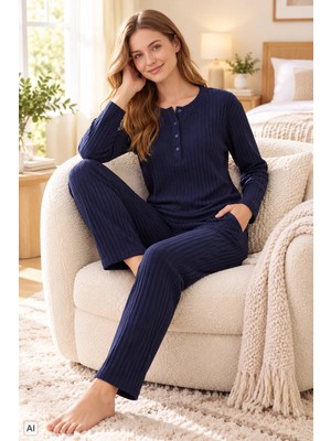 Dowry Kadın Kaşkorse Pijama Takımı Uzun Kollu Çizgi Desenli Modern Homewear Ev Giyim 09-311
