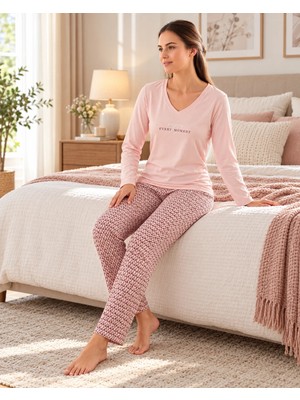 Flz Kadın Viskon Pijama Takımı Uzun Kollu V Yaka Desenli Pantolon Modern Homewear Ev Giyim 89-166