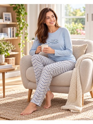 Kadın Viskon Pijama Takımı Uzun Kollu Bisiklet Yaka Desenli Pantolon Modern Homewear Anne Pijaması 79-152