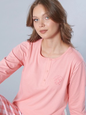 Kadın Pamuk Pijama Takımı Uzun Kollu Patlı Yaka Desenli Rahat Homewear 79-117