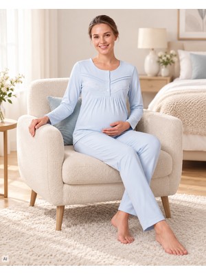 Flz Hamile Lohusa Viskon Pijama Takımı Uzun Kollu Dantel Detaylı Emzirme Uyumlu 25-18