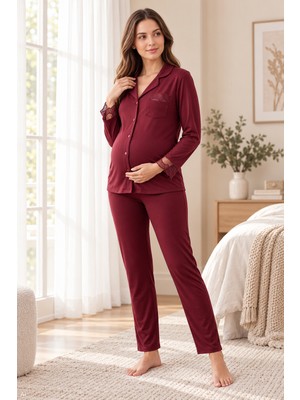 Flz Hamile Lohusa Viskon Pijama Takımı Boydan Düğmeli Uzun Kollu Emzirme Uyumlu Homewear M-Xxl 25-20