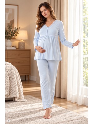 Flz Hamile Lohusa Viskon Pijama Takımı Uzun Kollu Dantel Detaylı Emzirme Uyumlu 25-15