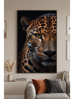 Siyah Ahşap Çerçeveli Leopar Temalı Duvar Tablosu Tekli Set Siyah Kahverengi Hayvan Desenli Modern Dekorasyon Kabartma Görünümlüdür