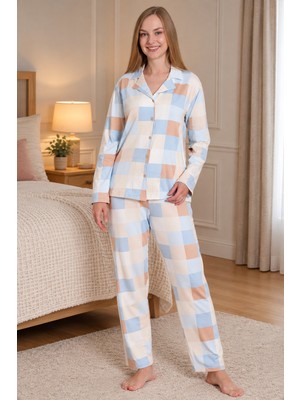 Wordex Mirano 9805 Şardonlu Soft Kışlık Düğmeli Kareli Kadın Pijama Takımı