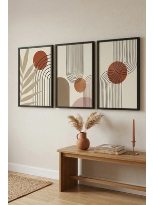 Siyah Ahşap Çerçeveli Boho Soyut Duvar Tablosu 3’lü Set Geometrik Terracotta  Kabartma Görünümlüdür