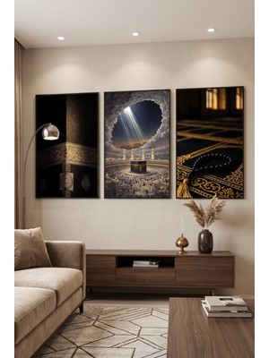 Siyah Ahşap Çerçeveli Dini Kabe Temalı Duvar Tablosu 3’lü Set Siyah Gold Islami Desenli Modern Dekorasyon Kabartma Görünümlüdür