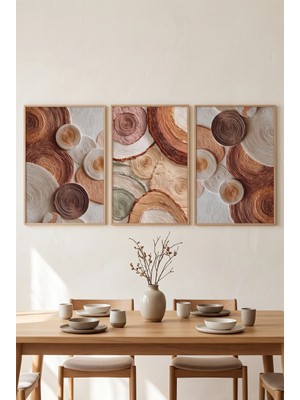 Doğal Ahşap Çerçeveli Soyut Kahverengi Bej Duvar Tablosu 3’lü Set Organik Daire Desenli Modern Dekorasyon Kabartma Görünümlüdür