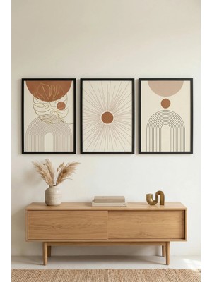 Siyah Ahşap Çerçeveli Boho Güneş Geometrik Soyut Modern Duvar Tablosu 3’lü Set  Kabartma Görünümlüdür