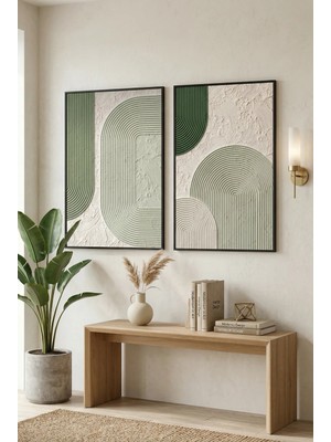Siyah Ahşap Çerçeveli Yeşil Geometrik Soyut Modern Duvar Tablosu 2’li Set  Kabartma Görünümlüdür