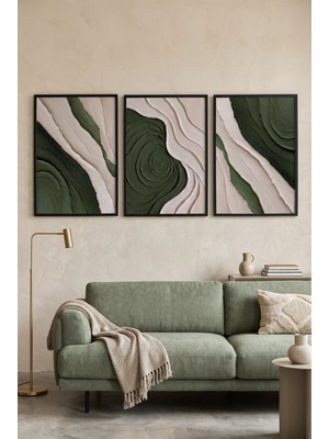 Siyah Ahşap Çerçeveli Soyut Yeşil Krem Duvar Tablosu 3’lü Set Akışkan Desenli Modern Dekorasyon Kabartma Görünümlüdür