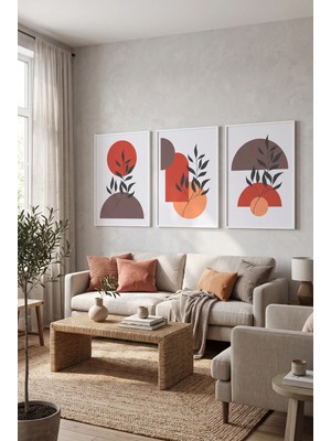 Beyaz Ahşap Çerçeveli Modern Soyut Geometrik Yaprak Üçlü Duvar Tablosu Kırmızı Kahverengi Dekorasyon Kabartma Görünümlüdür