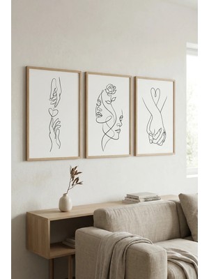 Doğal Ahşap Çerçeveli Minimalist Çizgi Sanatı 3’lü Set Soyut Figür Duvar Tablosu  Kabartma Görünümlüdür
