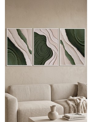 Beyaz Ahşap Çerçeveli Soyut Yeşil Krem Duvar Tablosu 3’lü Set Akışkan Desenli Modern Dekorasyon Kabartma Görünümlüdür