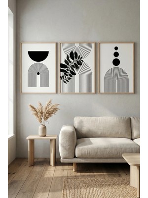 Doğal Ahşap Çerçeveli Minimalist Geometrik 3’lü Set Siyah Çizgi Duvar Tablosu Kabartma Görünümlüdür