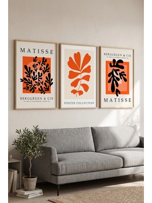 Doğal Ahşap Çerçeveli Turuncu Siyah Matisse Soyut Botanik Üçlü Duvar Tablosu Modern Sanat Dekorasyonu Kabartma Görünümlüdür