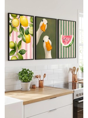 Siyah Ahşap Çerçeveli Yeşil Pembe Limon Temalı Duvar Tablosu 3’lü Set Ördek ve Meyve Desenli Modern Dekorasyon Kabartma Görünümlüdür