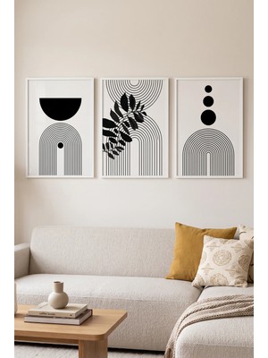 Beyaz Ahşap Çerçeveli Minimalist Geometrik 3’lü Set Siyah Çizgi Duvar Tablosu  Kabartma Görünümlüdür