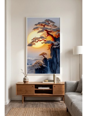 Beyaz Ahşap Çerçeveli Gün Batımı Şelale Dağ Manzarası Modern Duvar Tablosu