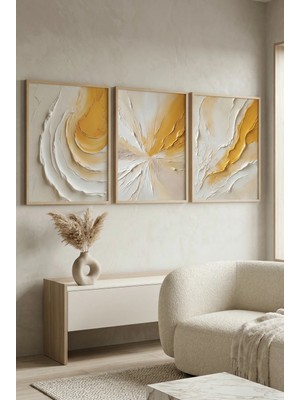 Doğal Ahşap Çerçeveli Soyut Altın Dokulu Modern Duvar Tablosu 3’lü Set Kabartma Görünümlüdür