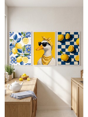 Beyaz Ahşap Çerçeveli Mavi Sarı Limon Temalı Duvar Tablosu 3’lü Set Eğlenceli Ördek ve Meyve Desenli Modern Dekorasyon Kabartma Görünümlüdür