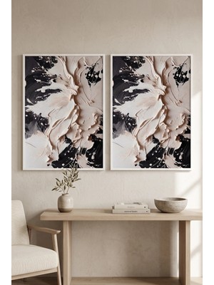 Beyaz Ahşap Çerçeveli Siyah Bej Soyut Modern Duvar Tablosu 2’li Set  Kabartma Görünümlüdür