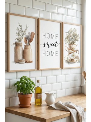 Doğal Ahşap Çerçeveli Home Sweet Home Mutfak Temalı Duvar Tablosu 3’lü Set  Kabartma Görünümlüdür