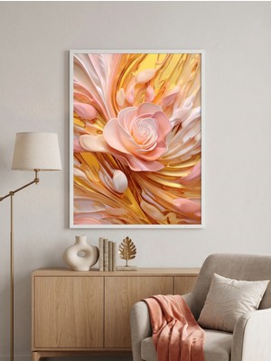 Beyaz Ahşap Çerçeveli Pembe Gül ve Altın Soyut Sanat Tekli Duvar Tablosu Modern Dekorasyon Kabartma Görünümlüdür
