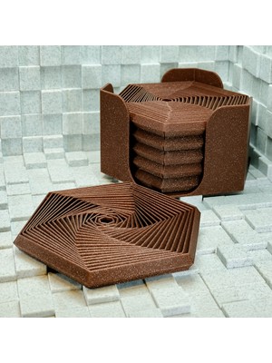 Bezos 3D Baskı Super Fidget Coaster Seti - Altıgen Desenli Bardak Altlığı ve Tutucu-Kahverengi