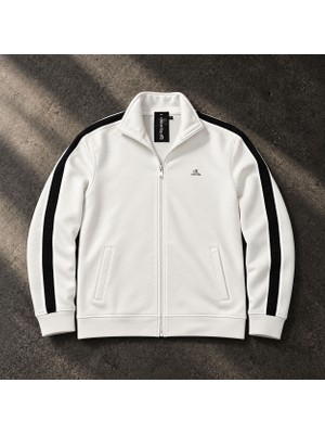 Süprem Erkek Beyaz Fermuarlı Dik Yaka Sweatshirt Siyah Şerit Detaylı Spor Üst
