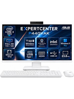Asus Expertcenter P440VA Intel Core 3 100U 8gb Ram 512GB  SSD 23.8" Fhd WINDOWS11 Pro All In One (Kablosuz Mouse-Klavye Beyaz) Bilgisayar KC38512W0D01 & Cimete