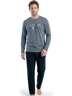 Pierre Cardin 6153 Erkek Modern Grafik Baskılı Uzun Kollu Pijama Takımı - Koyu Gri