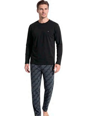 Pierre Cardin 6149 Erkek Geometrik Desenli Altlı Uzun Kollu Pijama Takımı - Siyah