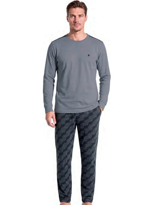 Pierre Cardin 6149 Erkek Geometrik Desenli Altlı Uzun Kollu Pijama Takımı - Koyu Gri