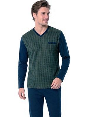 Pierre Cardin 6143 Erkek V Yaka Jakarlı Dokulu Uzun Kollu Pijama Takımı - Haki