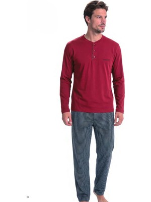 Pierre Cardin 6146 Erkek Düğmeli Yaka Kare Desenli Altlı Pijama Takımı - Bordo