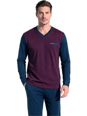 Pierre Cardin 6143 Erkek V Yaka Jakarlı Dokulu Uzun Kollu Pijama Takımı - Bordo